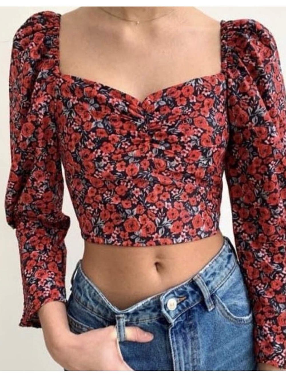 Zara Red Floral Sweetheart Smoked Crop Top